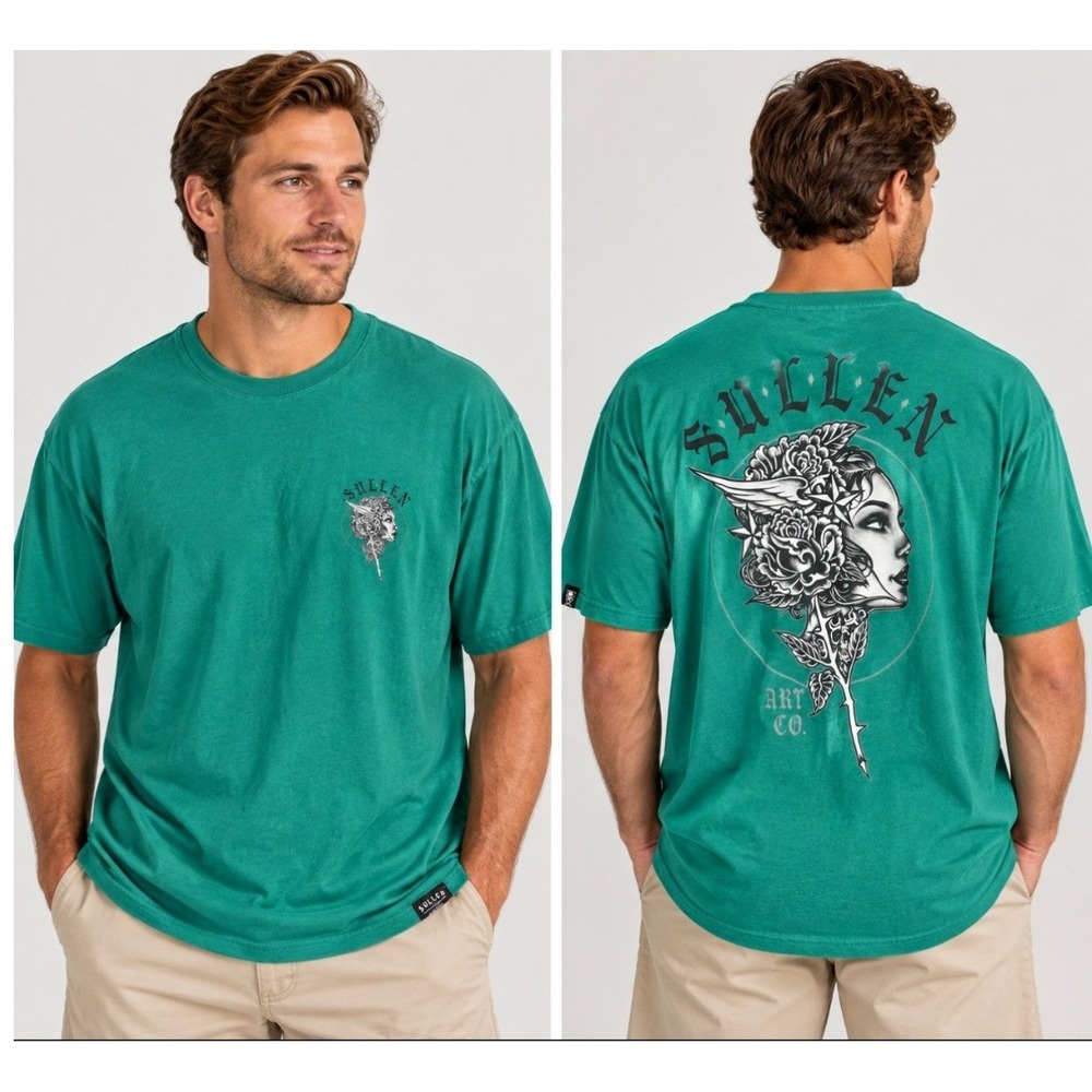 Sullen Mens Cotton T-Shirt 3XL Teal Green Tattoo Art Graphic Streetwear Artist